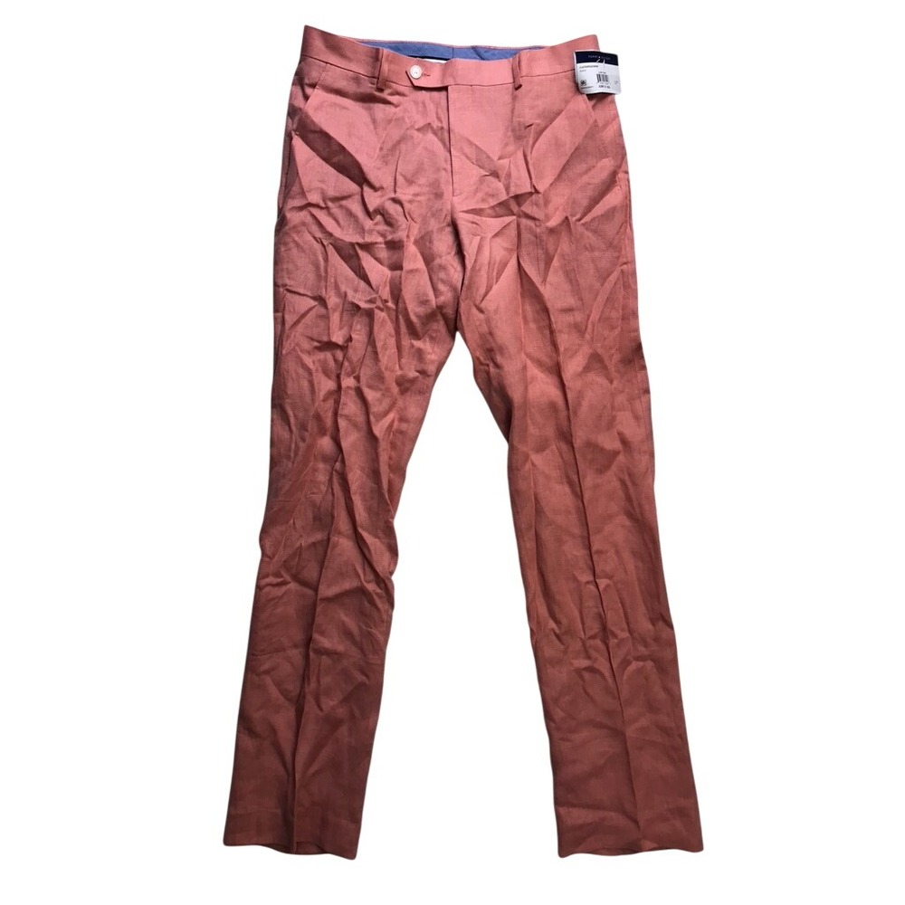 Tommy Hilfiger Hall Trousers Mens 32x32 Light Red Linen TH Flex Flat Front Pants